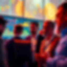 A group of investors looking at Bitcoin price charts on digital screens, analyzing trends and considering investments