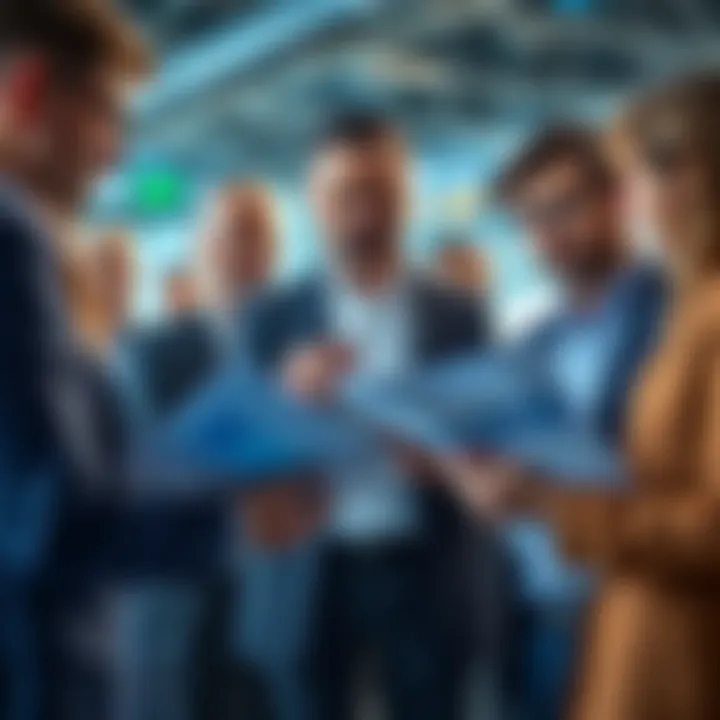 A group of diverse investors discussing strategies while holding charts and financial reports.