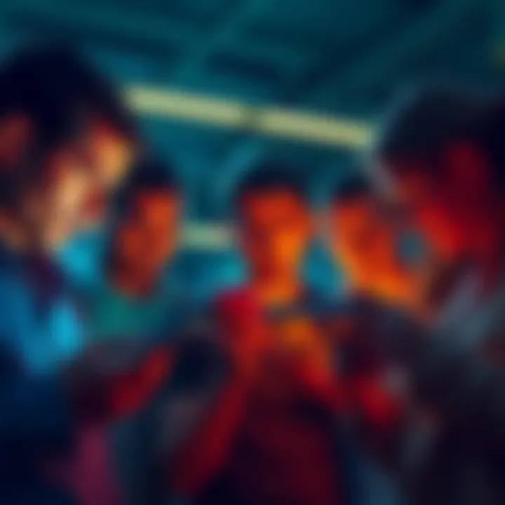 A group of worried investors looking at falling cryptocurrency charts on their phones, showing signs of concern and disappointment.