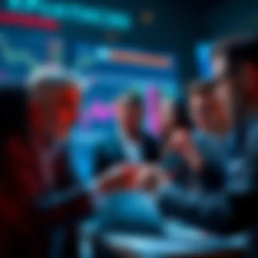 A group of investors reviewing charts and graphs, discussing potential price changes as they approach 8 cents.