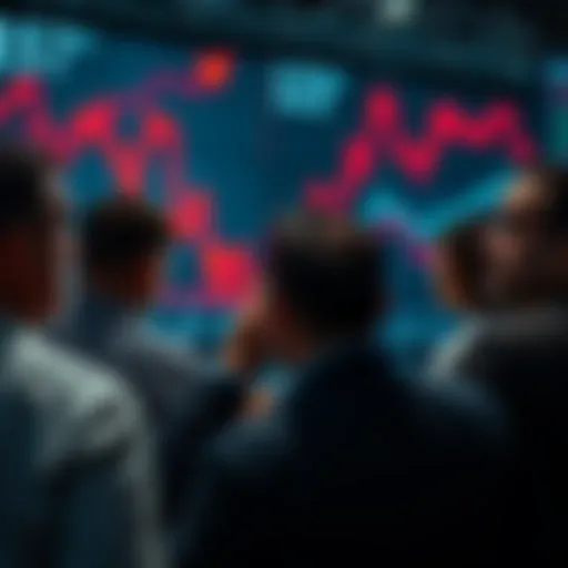 A group of worried investors observing a stock market decline on a digital display, showing red arrows and falling graphs, illustrating panic selling behavior.