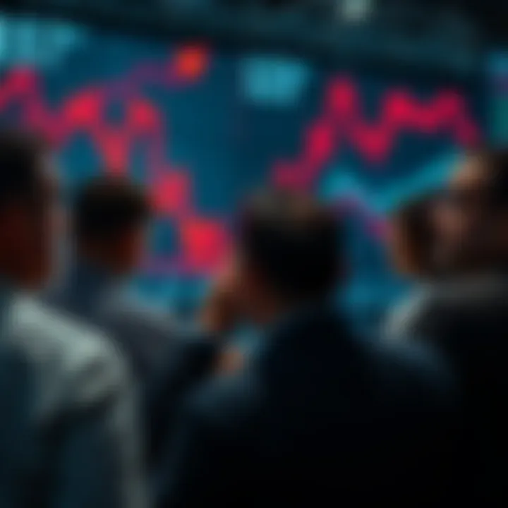 Investors in Market Panic A group of worried investors observing a stock market decline on a digital display, showing red arrows and falling graphs, illustrating panic selling behavior.