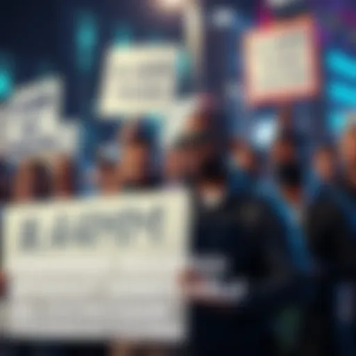 Group of concerned investors holding protest signs about blockchain transparency issues