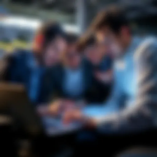 A group of seasoned investors reviewing the Raiz investment app on a laptop with graphs and charts visible