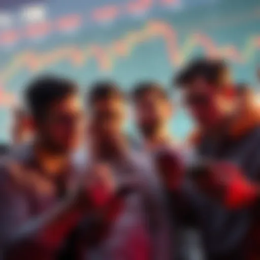 A group of worried investors looking at declining crypto charts on their devices, symbolizing market anxiety due to CLARITY Act draft