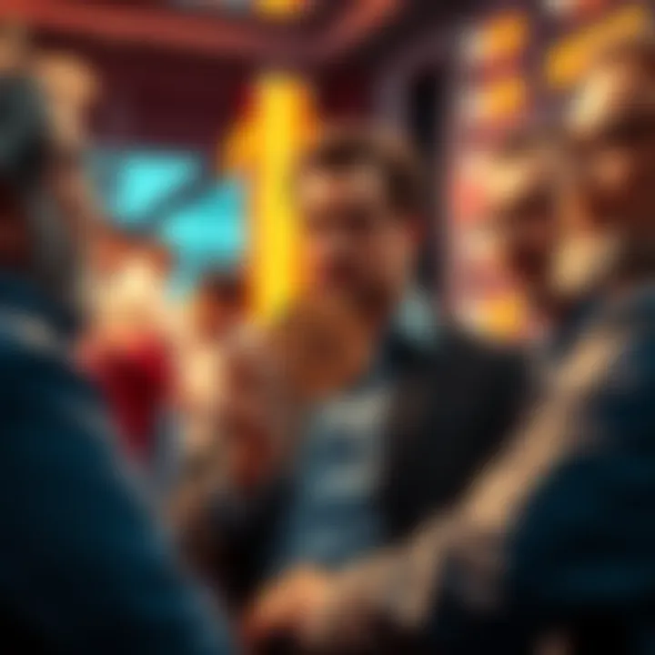 A group of investors discussing the SpaceX IPO excitement, with one holding a Bitcoin symbol, illustrating the contrast between traditional investments and emerging technology.