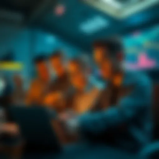 Group of investors analyzing digital tokens priced under .000009 on laptops and tablets