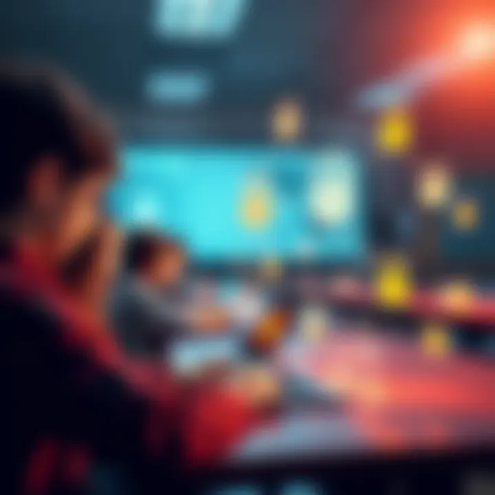 IoT e-Learning and Security A digital classroom scene with students using devices connected to the Internet, showing locks and security symbols to represent safe learning environments in IoT e-learning.