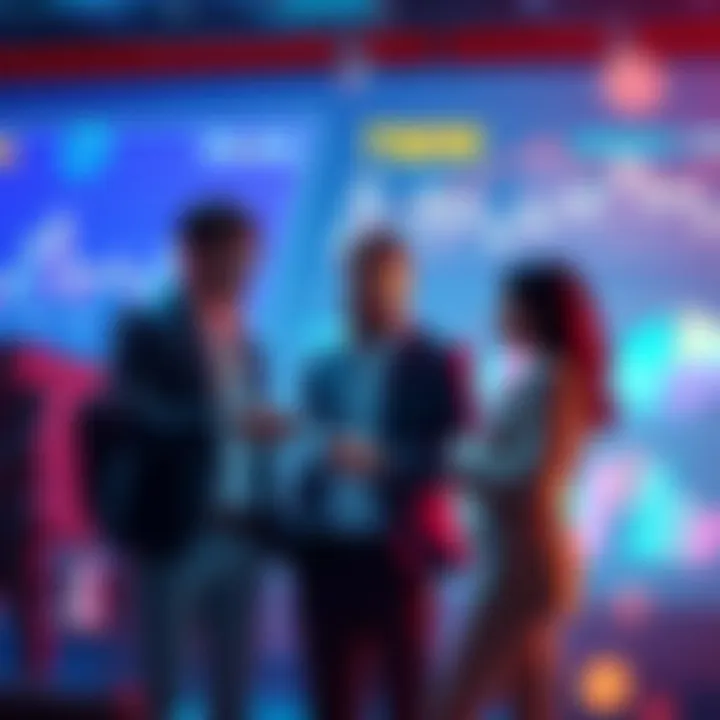 IOTA and TWIN team members discussing their new blockchain solution that reduces trade costs, with charts showing cost reduction and efficiency improvements in the background.