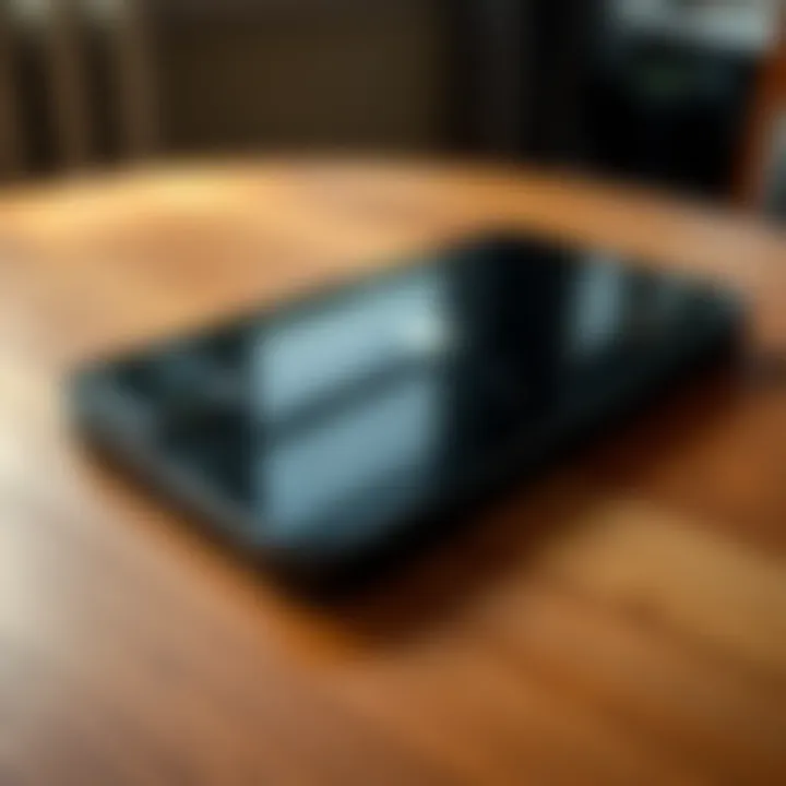 A close-up shot of an iPhone 15 Pro lying on a wooden table, showing its sleek design without a case, with a few scratches visible on the surface.
