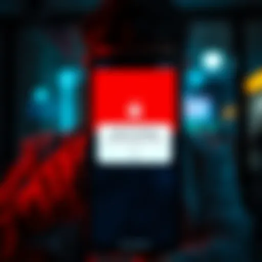 An iPhone displaying a security alert message, hinting at a potential hacking attempt, with a worried user in the background.