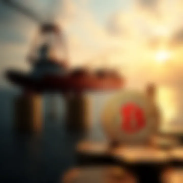 A digital representation of Bitcoin and oil barrels with a ship in the background, symbolizing Iran's move towards using Bitcoin for oil transit through the Strait of Hormuz.