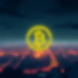 Illustration showing a digital currency symbol with a darkened city skyline, representing Iran's crypto transfer during a blackout