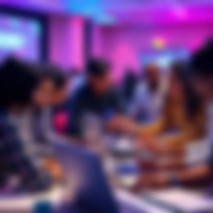 A diverse group of people collaborating on AI projects at a tech event, with laptops and brainstorming materials.