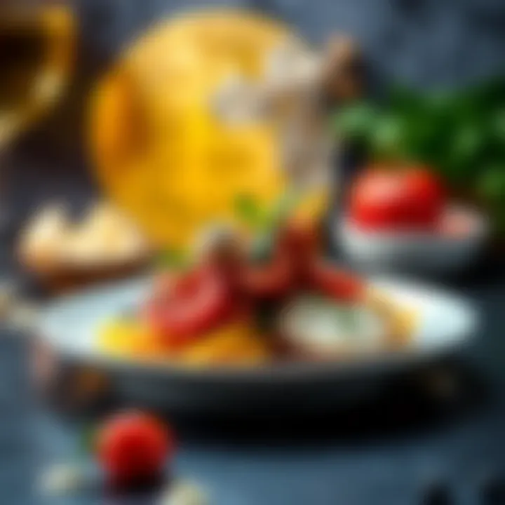 A plate of premium Italian food with a Bitcoin symbol in the background, showcasing the connection between gourmet cuisine and cryptocurrency enthusiasts.