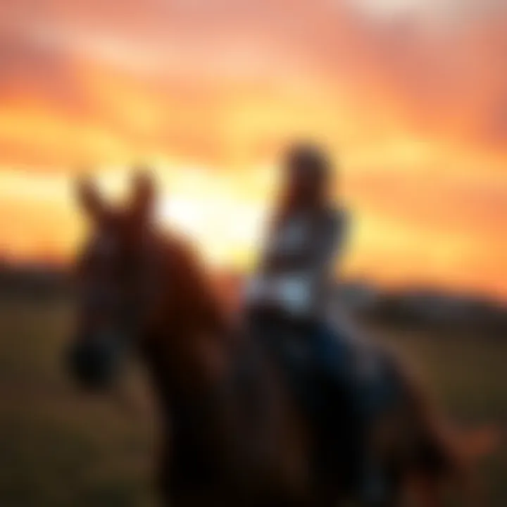 Ivanka Trump riding a horse through a sunset, looking relaxed and serene
