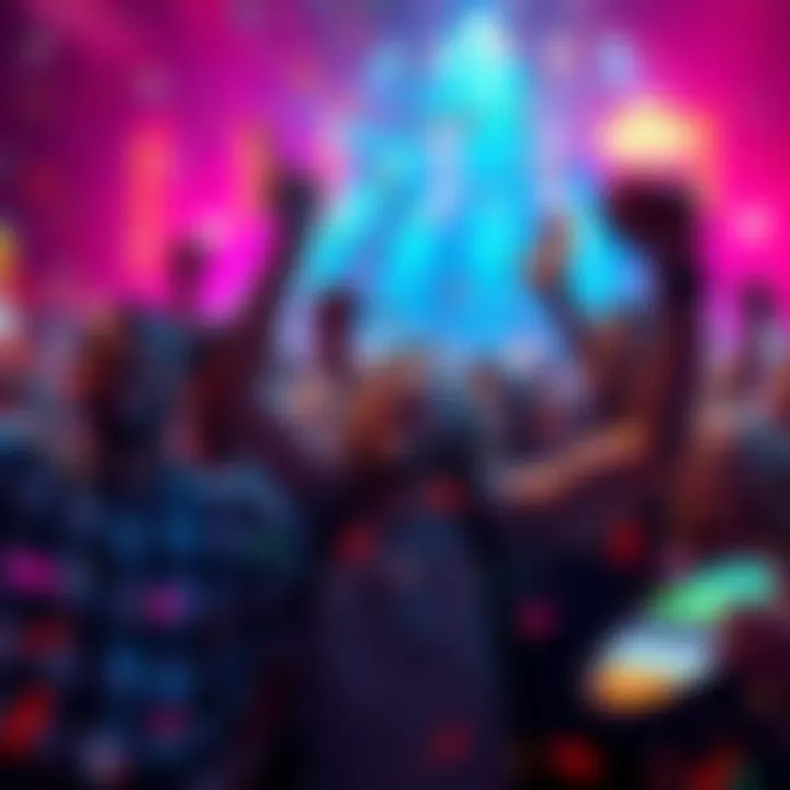 A group of happy people celebrating after winning multiple jackpots, with confetti and colorful lights in the background.