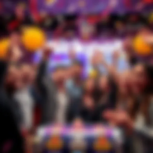 A group of excited people celebrating a jackpot win with confetti and smiles in a lively setting.