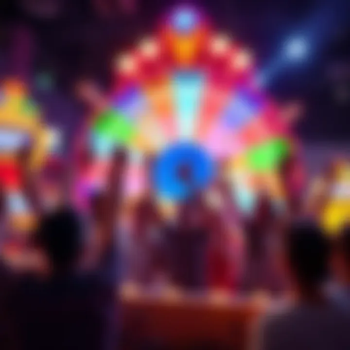 Group of excited people celebrating wins at a colorful wheel