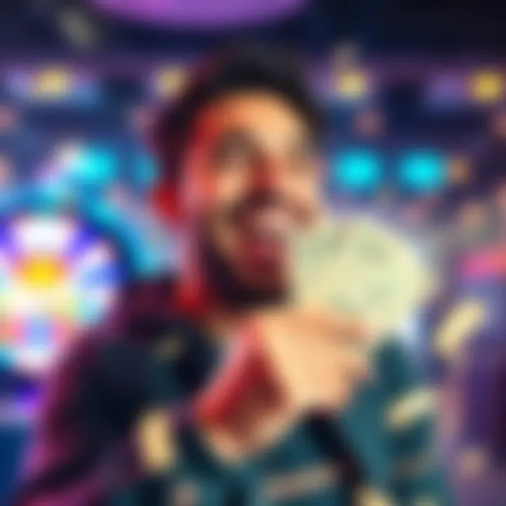 Person celebrating jackpot win A person with a big smile holding cash and looking joyful after winning a jackpot in the morning