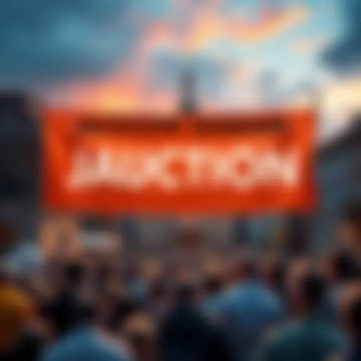 A banner announcing the Jackson Square auction, featuring the iconic Jackson Square landmark in the background with a crowd of bidders excitedly participating.