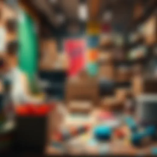 An artist's workspace with colorful materials and shipping boxes, showcasing creativity behind Jak Shipping
