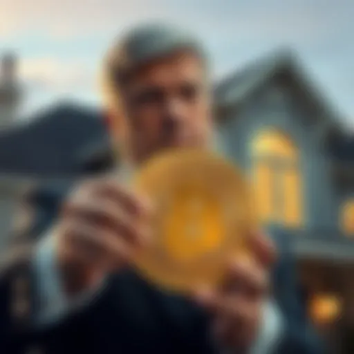 Jamie Dimon holds a Bitcoin symbol with a house in the background, representing Bitcoin as mortgage collateral.