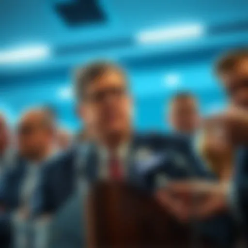 Illinois Governor J.B. Pritzker looks concerned while discussing Bitcoin at a press conference, surrounded by reporters.