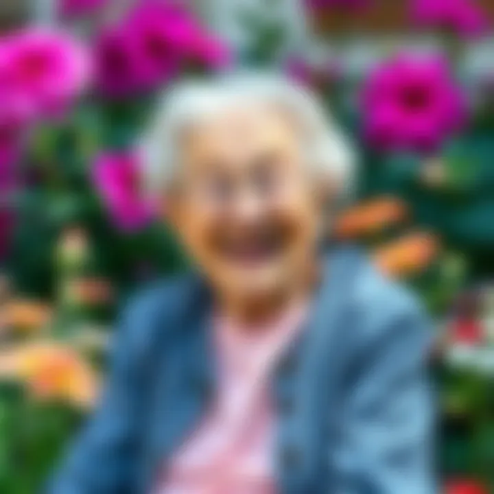 Jeanne Calment, the longest-lived person, smiling warmly while sitting outdoors in a garden surrounded by flowers.