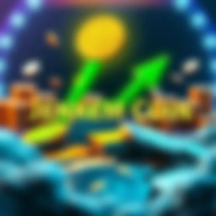 A graphic showing Jenkem Coin skyrocketing, with a bright green upward arrow and coins in the background, symbolizing rapid growth in cryptocurrency.