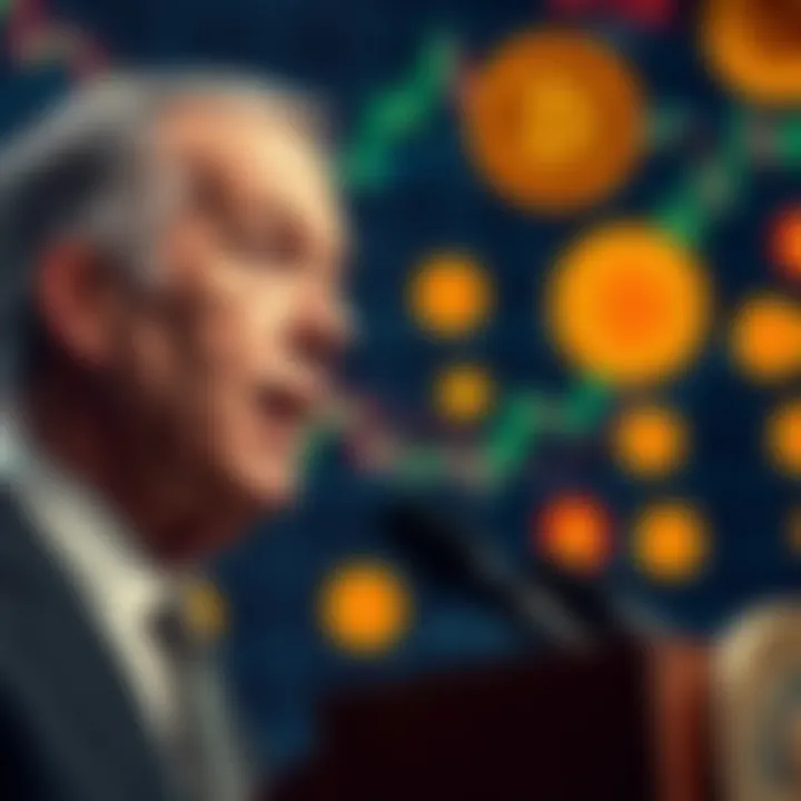 Jerome Powell speaking at a press conference with financial charts and Bitcoin symbols in the background