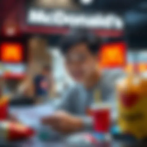 A young person smiles while filling out a job application at McDonald's, surrounded by McDonald's branding and food items.