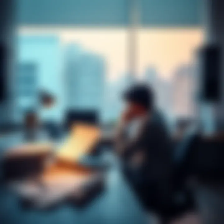 A person sits at a desk, looking at a laptop and contemplating their job situation with papers scattered around, symbolizing job evaluation.