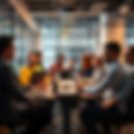 A busy office environment showing smart contract developers discussing job opportunities at a table