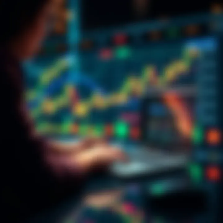 A person using a laptop to search for cryptocurrency job openings, surrounded by charts and graphs representing the crypto market.