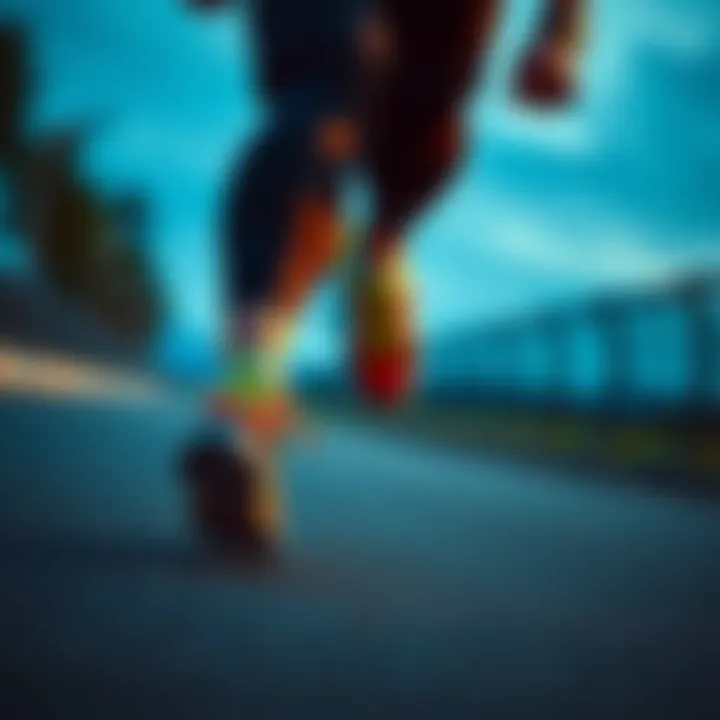 A person running outdoors wearing colorful sneakers with a smartwatch