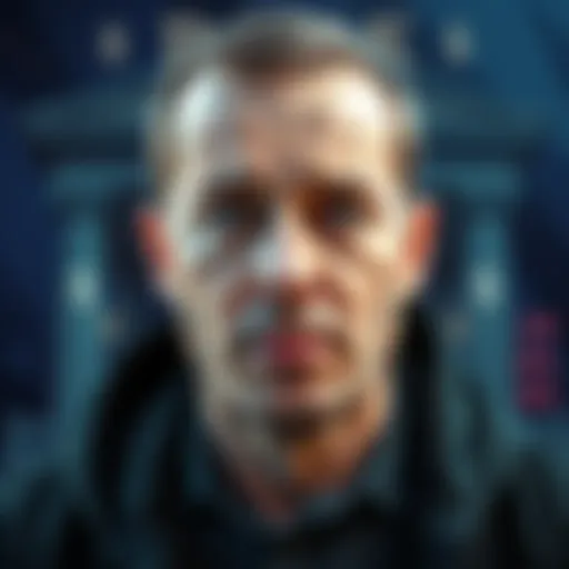 A portrait of John Lick, a threat actor linked to a major theft scheme involving significant funds, with a background that suggests financial crime, such as dollar signs or a bank image.