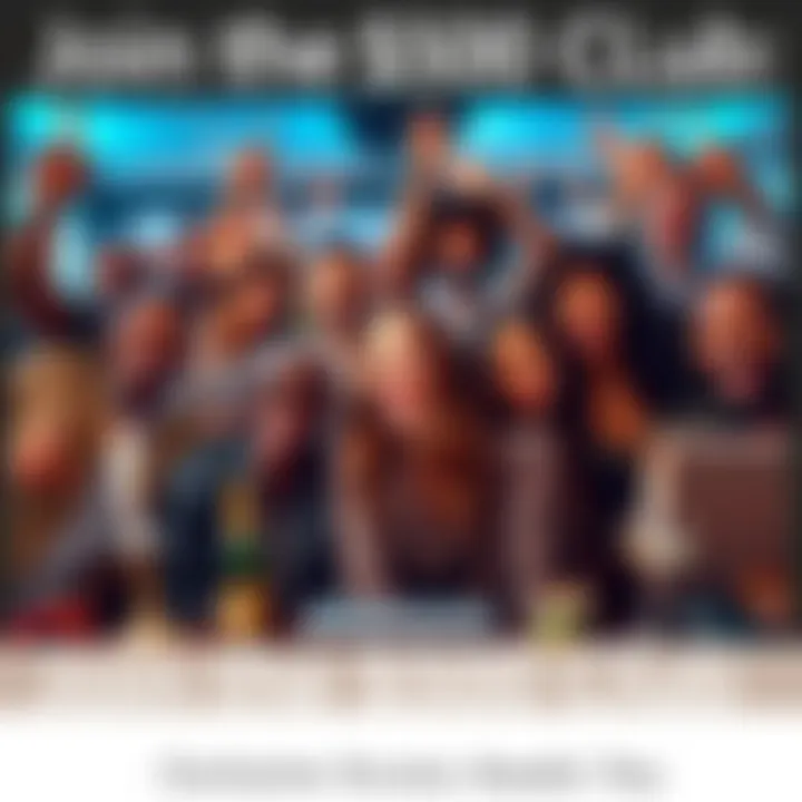 A group of diverse people celebrating membership in the $500 Club with smiles and luxury items around them.