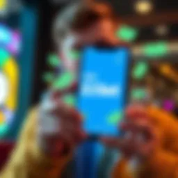 A young adult holding a smartphone displaying the Rebet app with cash graphics around them