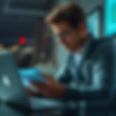A journalist reviewing notes and checking facts on a laptop, emphasizing accuracy in reporting.