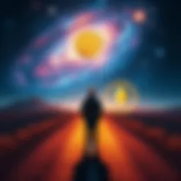 A person stands at a crossroads, looking back at a fading galaxy and forward to the bright Bitcoin and Ethereum symbols in the distance.