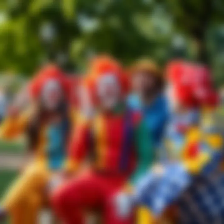 A group of 30-year-olds dressed as clowns, smiling and engaging in playful activities at a park, spreading laughter and joy.