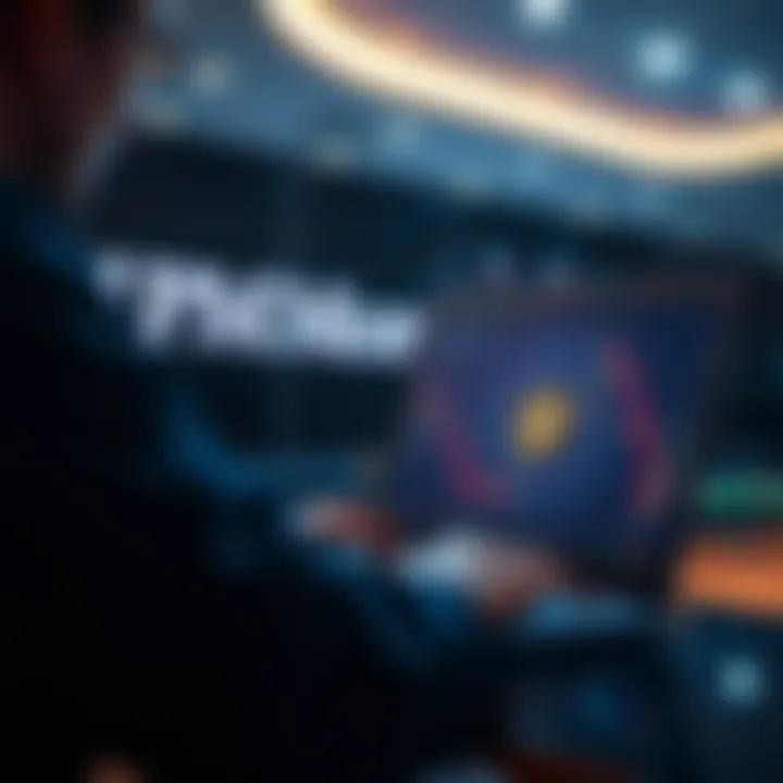 A person using a laptop to trade Bitcoin with a JPMorgan logo in the background.