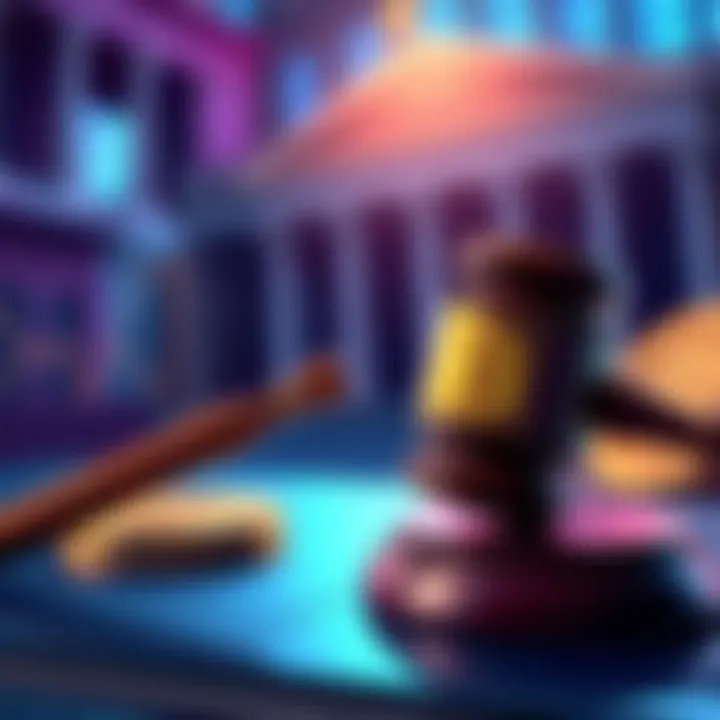 A visual representation showing a gavel and a digital currency symbol, symbolizing the lawsuit against JPMorgan for facilitating questionable crypto transactions.