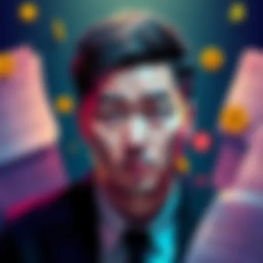 Justin Sun looking worried with legal documents and cryptocurrency symbols around him