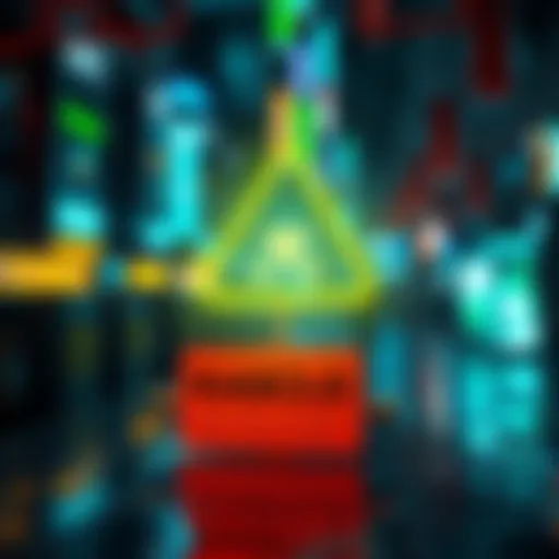 A digital representation of K Social risking illegal content on the blockchain, with a warning sign indicating legal dangers for node operators.