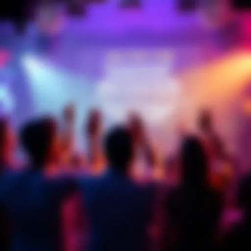 A group of friends singing karaoke with lyrics from Sleep Token songs on the screen, creating a lively bar atmosphere.