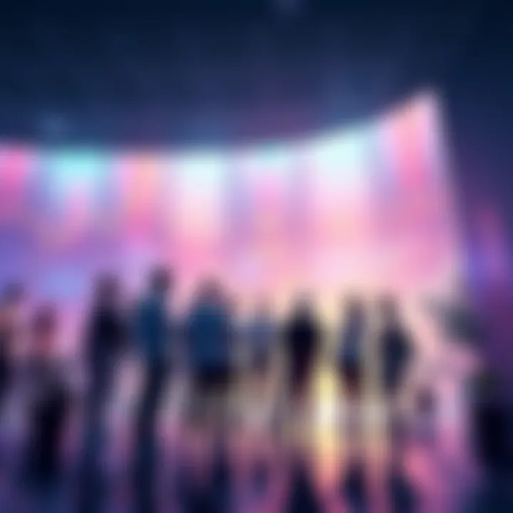 A group of people discussing KAS cryptocurrency in a bright, open setting, surrounded by digital charts and graphs.