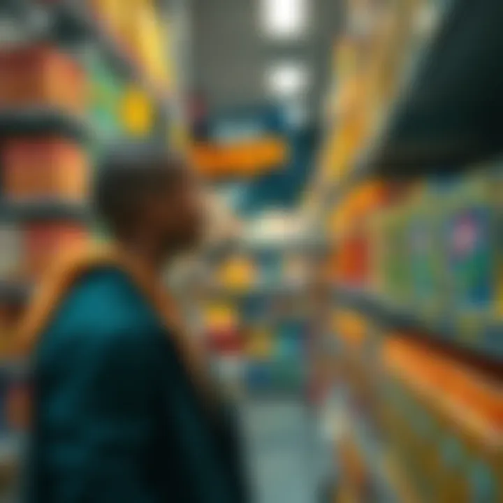 A person looking at shelves full of Kaspa products with a thoughtful expression.