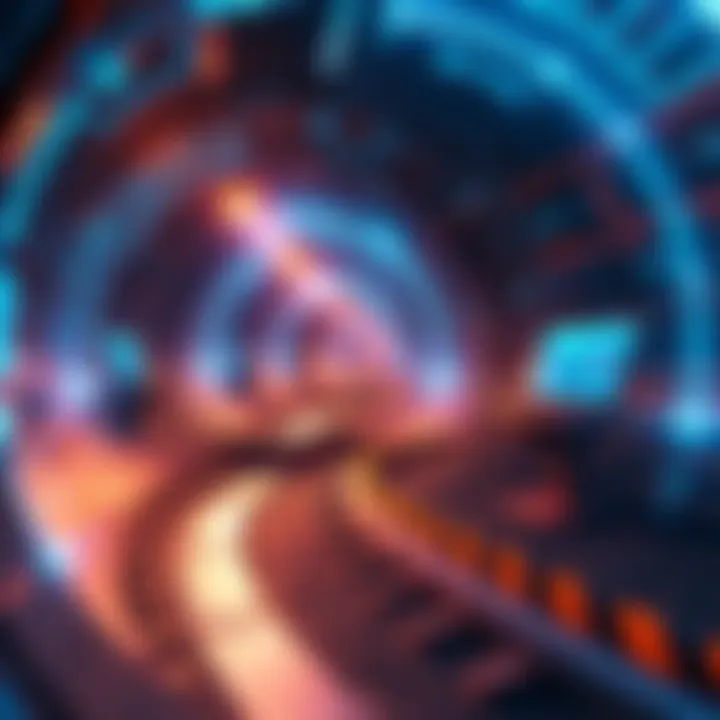 Graphic showing a digital tunnel representing Kaspa's smart contract environment, with visuals of decentralized apps working seamlessly.